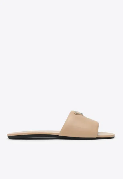 Prada Triangle Logo Leather Flat Sandals In Beige