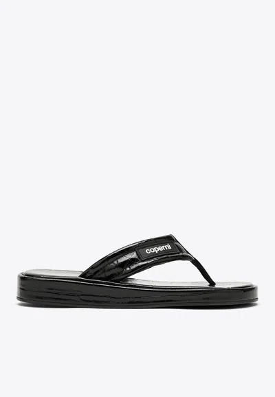 Coperni Logo-appliquéd Rubber-trimmed Croc-effect Patent Leather Flip Flops In Black