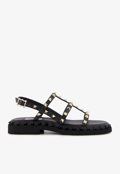 Valentino Black Rockstud M-way Platinum Studs Sandals In Black