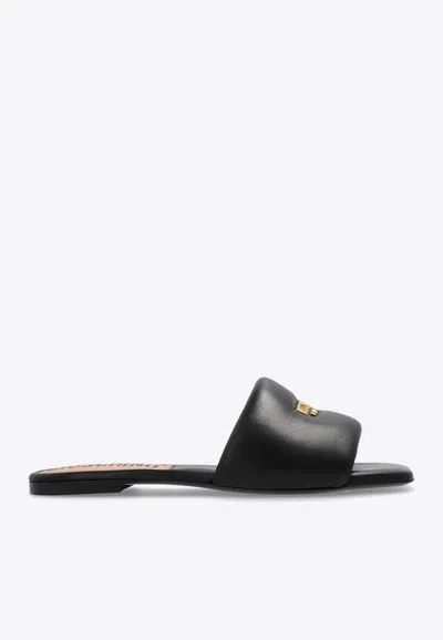 Moschino Logo Plaque Calf Leather Flat Sandals In Black