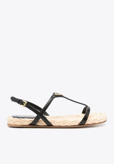 Prada Triangle Logo Raffia And Leather Flat Sandals In Black