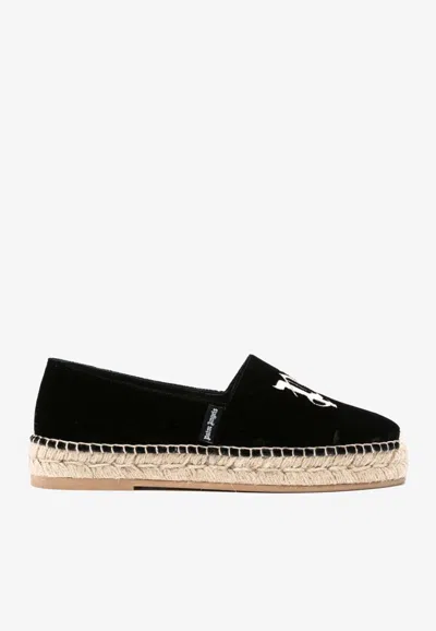 Palm Angels Logo-embroidered Velvet Espadrilles In Black