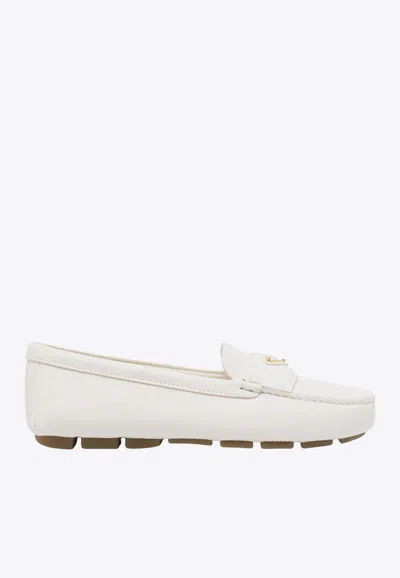 Prada Triangle Logo Grained Leather Loafers In White