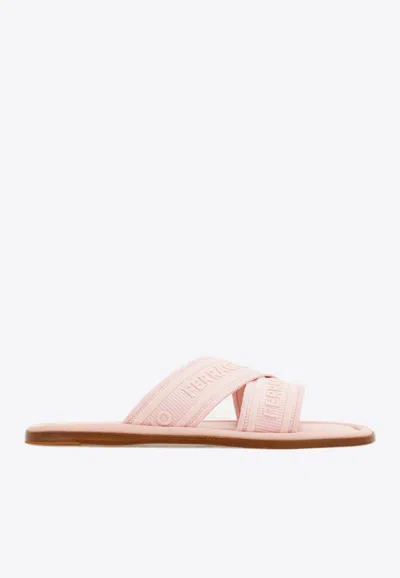 Ferragamo Logo-jacquard Crossover-strap Slides In Pink