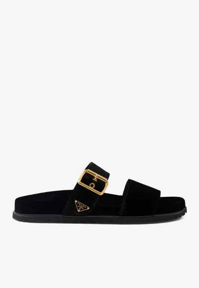Prada Triangle Logo Velvet Flat Sandals In Black