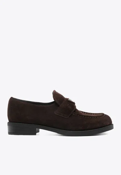Prada Enamel Triangle-logo Suede Loafers In Brown
