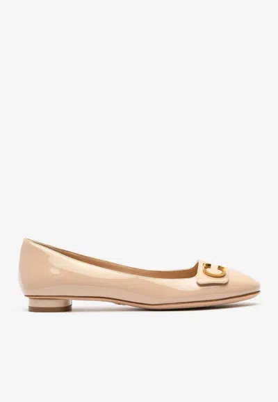 Dior Logo Ballet Flats In Patent Leather In Beige