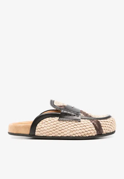 College Leather-trimmed Raffia Flat Mules In Natural