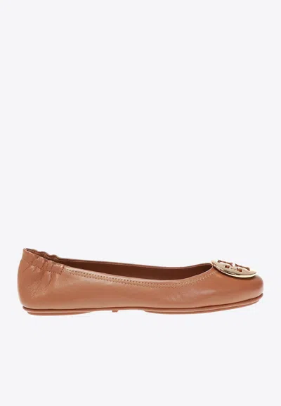 Tory Burch Minnie Leather Logo Travel Ballerina Flats In Tan