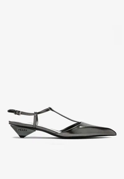 Prada Women's Anthracite Patent Leather Slingback Pumps In Metallic