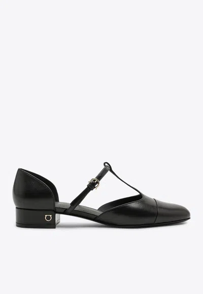 Ferragamo Linette Leather T-strap Ballerina Flats In Black