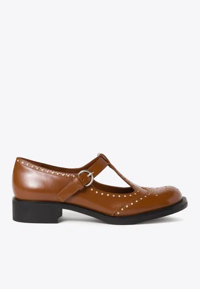 Miu Miu T-strap Leather Brogue Shoes In Brown