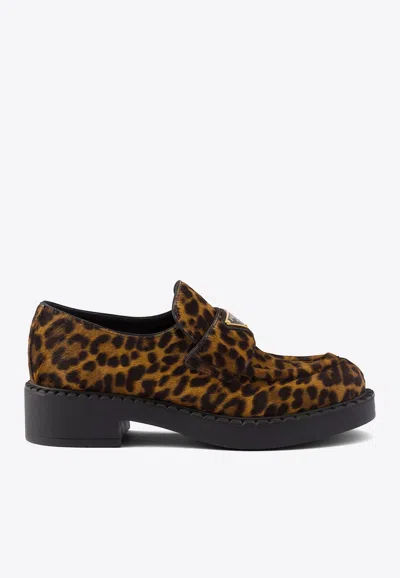 Prada Leopard Calf Hair Triangle Loafers In Brown