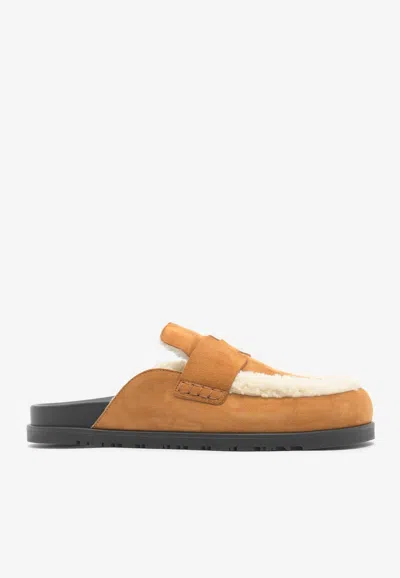 Pre-owned Hermes Go Mules In Naturel Suede And Ecru Shearling