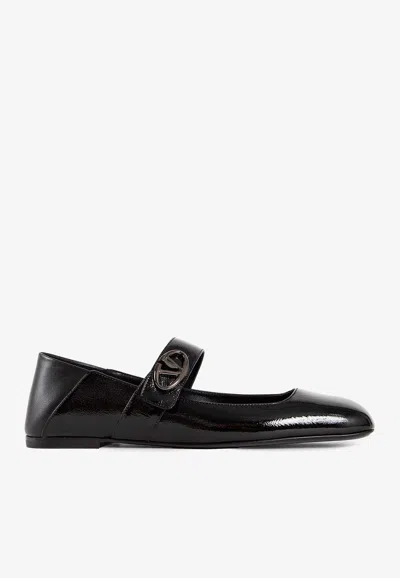 Valentino Garavani Vlogo Locker Mary-jane Ballerina In Eel With Flower Application Woman Black 37.5 In Black