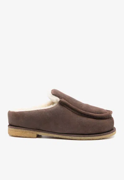 Jw Anderson J. W. Anderson Brown Suede Mules With Cozy Fur Interior And Embossed Seams In Brown
