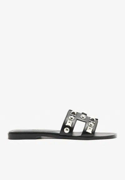 Pre-owned Hermes Oran H Cut-out Sandals In Black Calfskin And Medor Studs
