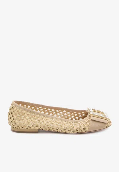 Roger Vivier Tres Vivier Raffia Strass Ballerina Flats In Beige
