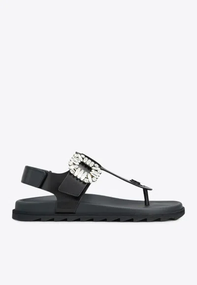 Roger Vivier Elegant Leather Flip Flops With Strass Buckle In Black