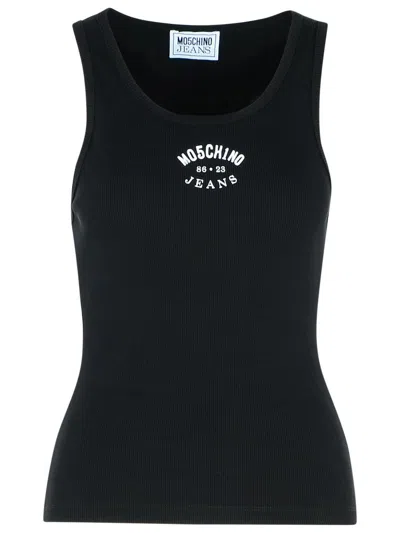 Moschino Jeans Cotton Blend Logo Tank Top In Black
