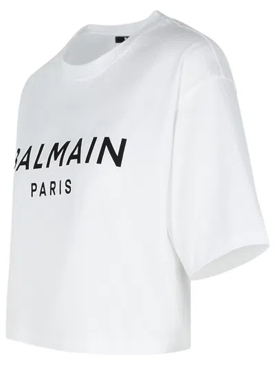 Balmain Logo Cotton Jersey Cropped T-shirt In White