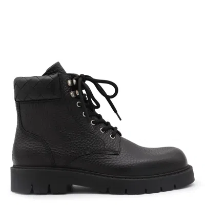 Bottega Veneta Black Grained Calf Leather Haddock Lace Up Ankle Boots In Black