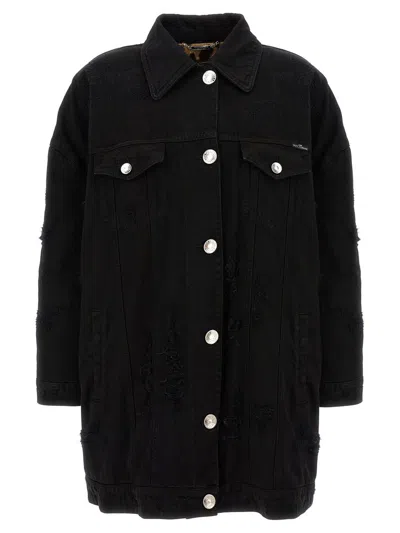 Dolce & Gabbana Longline Distressed Denim Jacket With Chest Pockets In Black