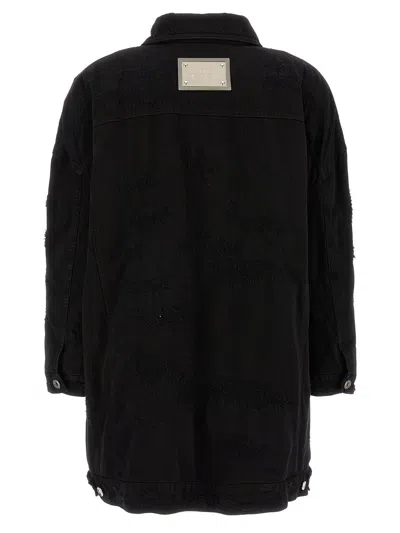 Dolce & Gabbana Longline Distressed Denim Jacket With Chest Pockets In Black