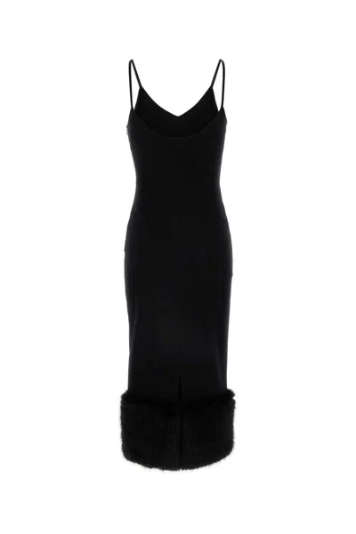 Prada Jersey Dress With Fur Trim And Slit In Black