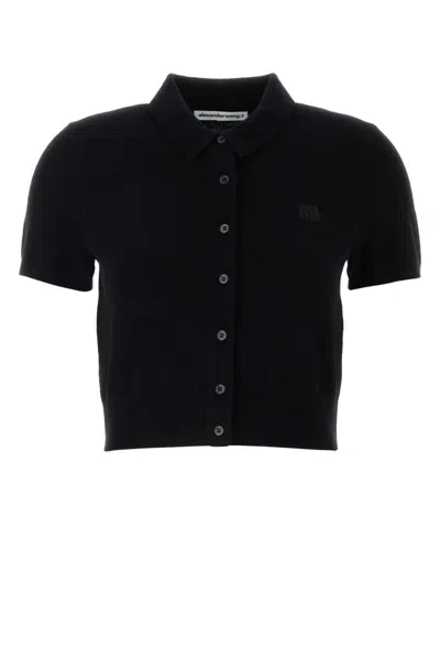 Alexander Wang T Cropped Wool Cardigan With Polo Collar In Black