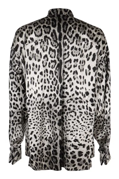 Dolce & Gabbana Grey Shirt With Leopard Print All-over And Logo Lettering In Silk Man In Animal Print