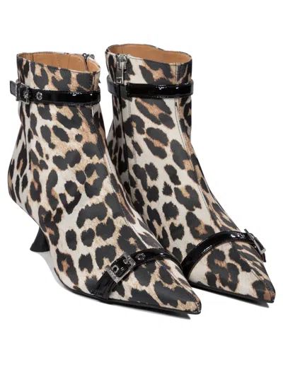 Ganni Eyelets Kitten Heel Boot Satin Print Ankle Boots Brown