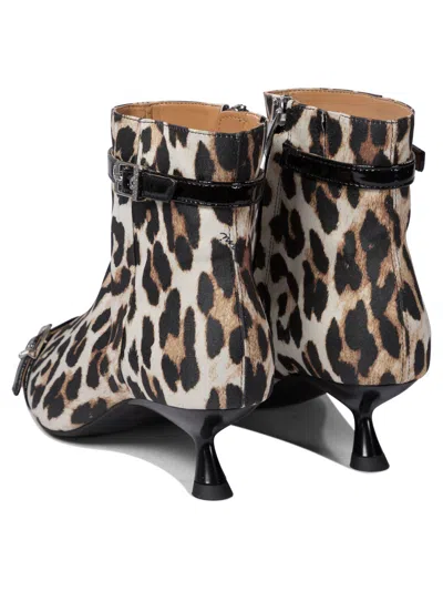 Ganni Eyelets Kitten Heel Boot Satin Print Ankle Boots Brown