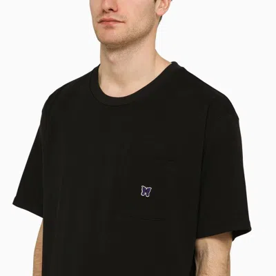 Needles Solid Color Mock-neck T-shirt With Butterflyembroidery In Black