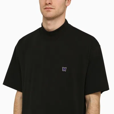 Needles Solid Color Mock-neck T-shirt With Butterflyembroidery In Black