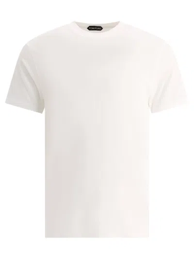 Tom Ford White Crewneck T-shirt With Tf Embroidery In Lyocell And Cotton Blend Man