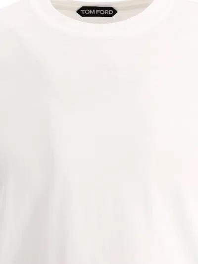 Tom Ford White Crewneck T-shirt With Tf Embroidery In Lyocell And Cotton Blend Man