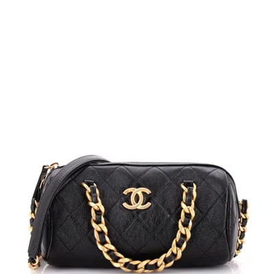 Pre-owned Chanel Fashion Therapy Bowling Bag Quilted Shiny Lambskin Small In Black