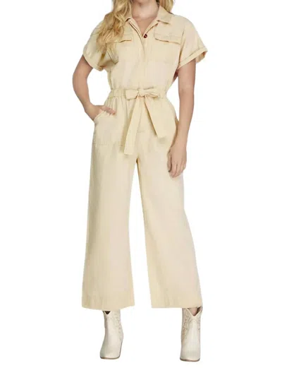 She + Sky Short Sleeve Button Front Jumpsuit In Ecru In White