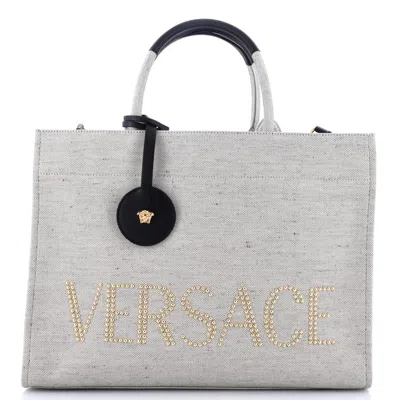 Versace La Medusa Tote Studded Canvas Large In Grey