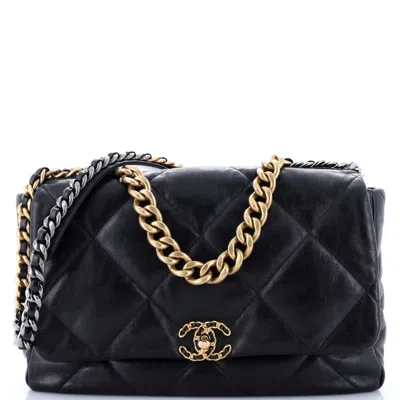 Pre-owned Chanel 19 Flap Bag Quilted Leather Large In Black