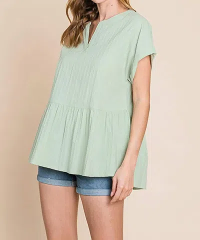 Cotton Bleu Ruched Notched Short Sleeve Blouse In Sage In Multi
