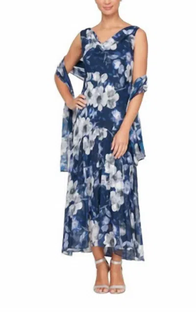Alex Evenings Floral Cowl Neck A-line Dress With Shawl In Multi
