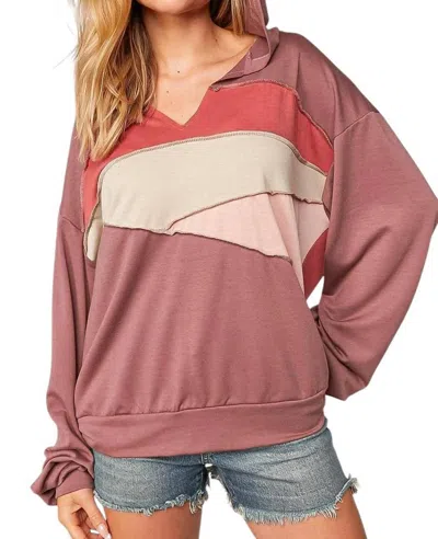 Sugarfox Colorblock Vneck Hoodie In Mauve In Multi