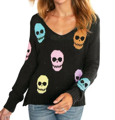 Wooden Ships Skulls V Neck Cotton Long Sleeve Top In Black Multi In Multi