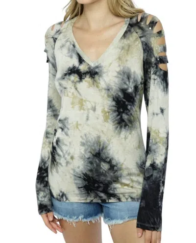 Vocal Apparel Tie Dye Stud Sliced Long Sleeve Top In Natural/black In Multi