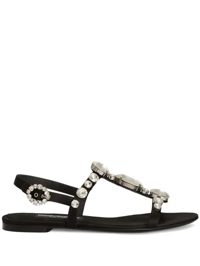 Dolce & Gabbana Women Black Sandals With Embroidered Stones Decorations In Satin Woman In Black