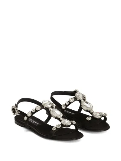 Dolce & Gabbana Women Black Sandals With Embroidered Stones Decorations In Satin Woman In Black