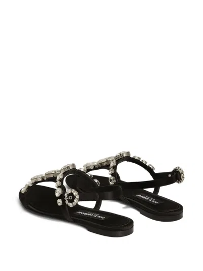 Dolce & Gabbana Women Black Sandals With Embroidered Stones Decorations In Satin Woman In Black