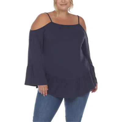 White Mark Plus Size Cold Shoulder Ruffle Sleeve Top In Blue